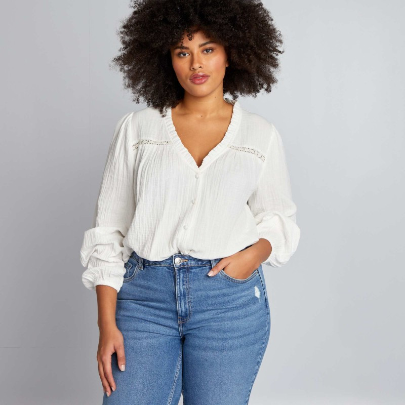 Blouse en gaze de coton à col volanté - Blanc