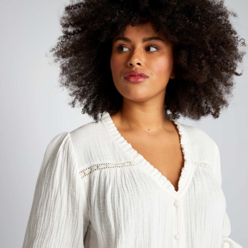 Blouse en gaze de coton à col volanté - Blanc