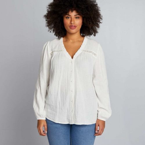 Blouse en gaze de coton à col volanté - Blanc