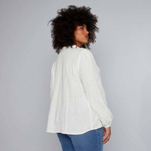 Blouse en gaze de coton à col volanté - Blanc