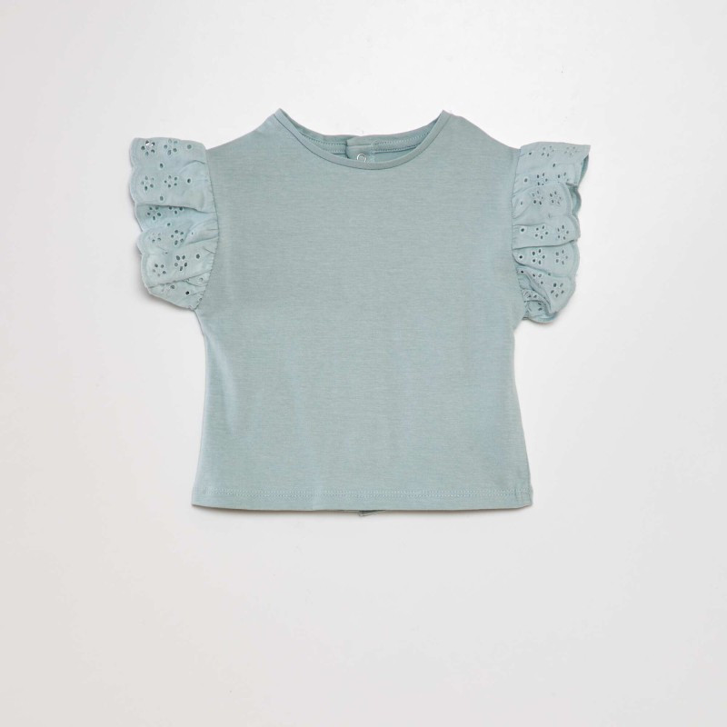 Tee-shirt avec manches broderie anglaise - Bleu