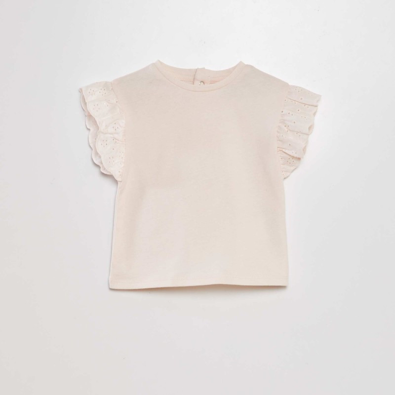 Tee-shirt avec manches broderie anglaise - Beige