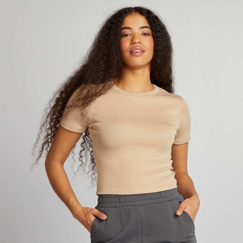 T-shirt cropped manches courtes - Beige