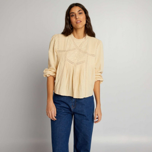 Blouse bohème gaze de coton - Blanc