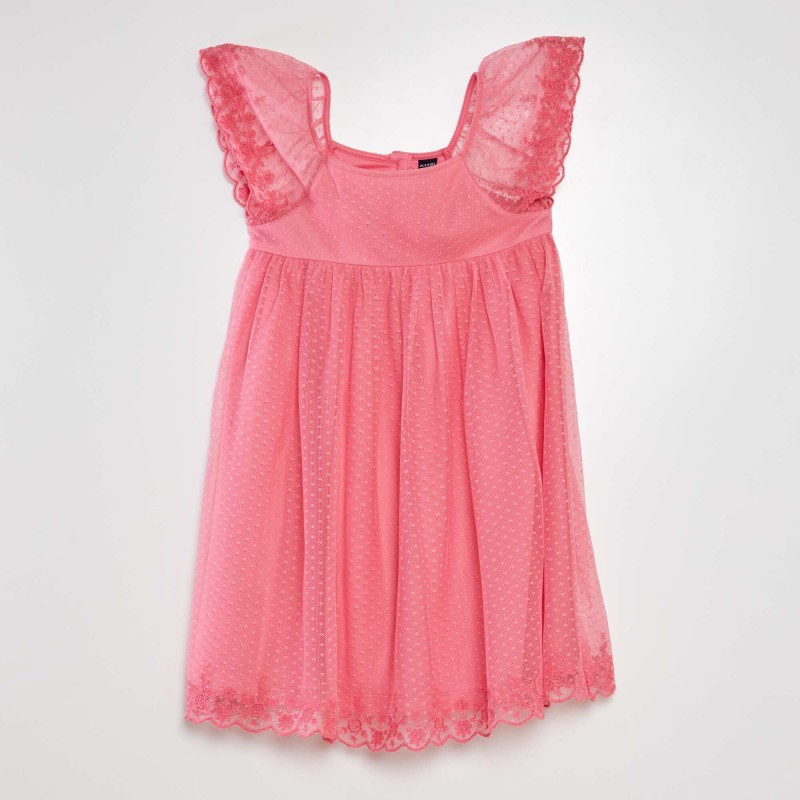 Robe trapèze en tulle plumetis - Rose