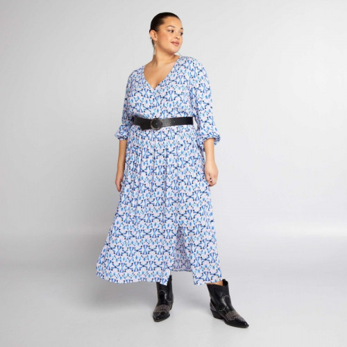 Robe longue imprimée en crêpe - Bleu