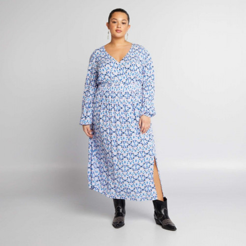 Robe longue imprimée en crêpe - Bleu