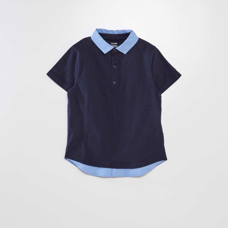 Polo en coton avec col contrastant - Bleu marine