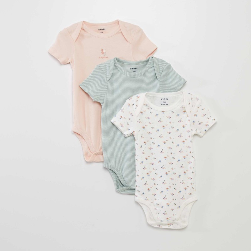 Lot de 3 bodies - Rose/vert/blanc