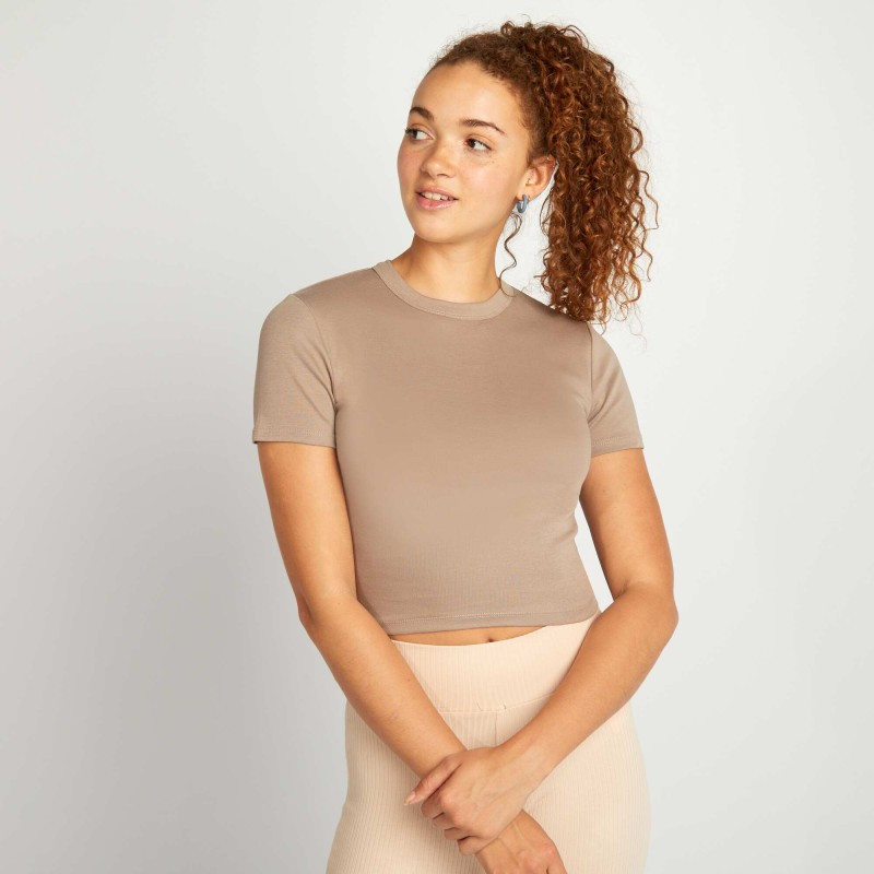 T-shirt cropped manches courtes - Beige