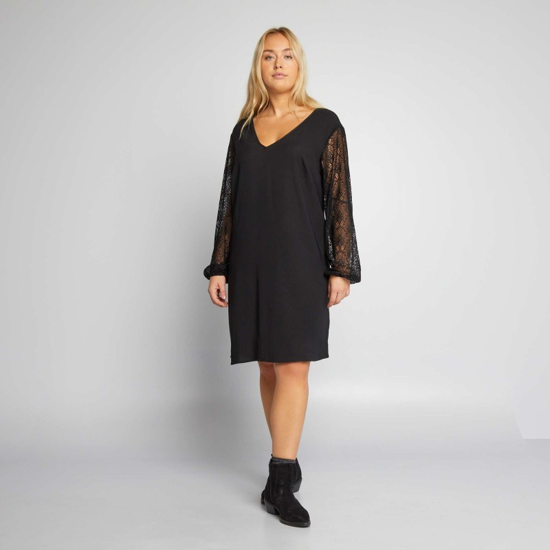 Robe courte avec manches et dos en dentelle - Noir