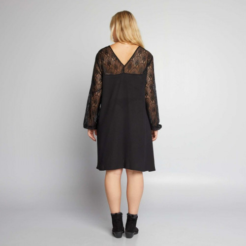 Robe courte avec manches et dos en dentelle - Noir