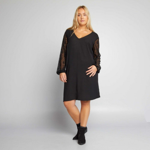 Robe courte avec manches et dos en dentelle - Noir