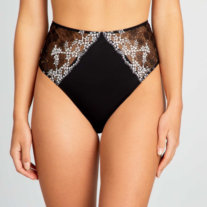 Tanga taille haute en dentelle - Noir/blanc