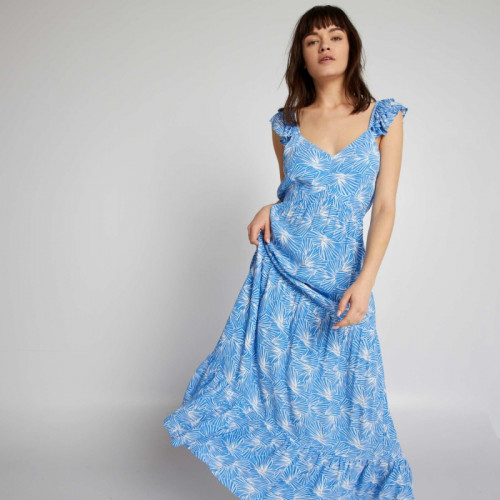 Robe longue imprimée à étages - Bleu