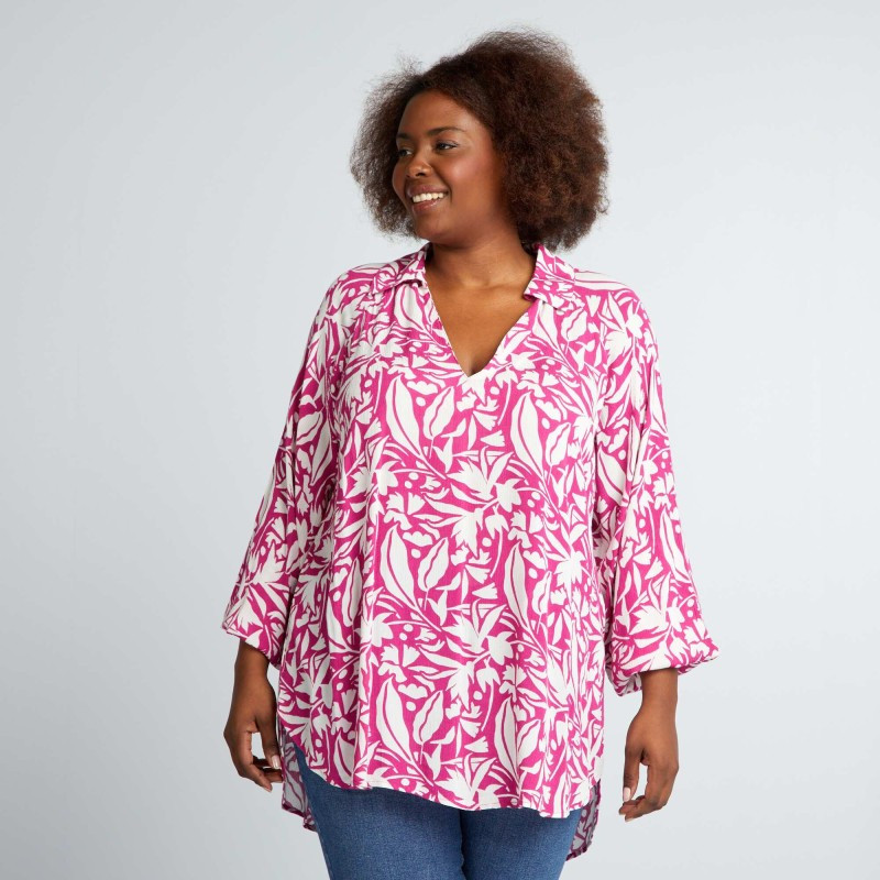 Blouse fluide imprimée manches bouffantes - Rose