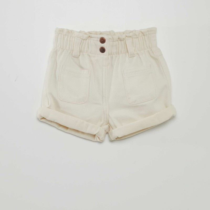 Short en denim effet smocké - Beige