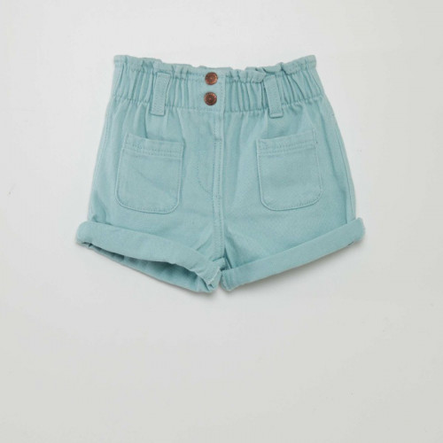 Short en denim effet smocké - Bleu