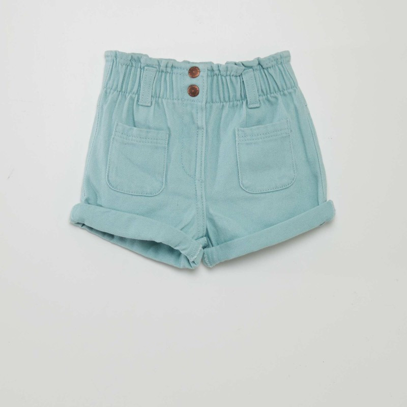 Short en denim effet smocké - Bleu