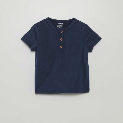 Tee-shirt uni avec col boutonné - Bleu marine