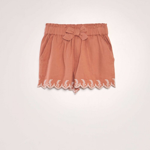 Short brodé en coton et lin - Rose