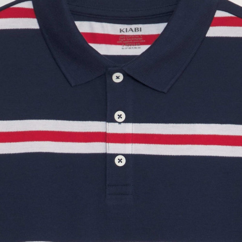 Polo à rayures en piqué de coton - Bleu marine/rouge