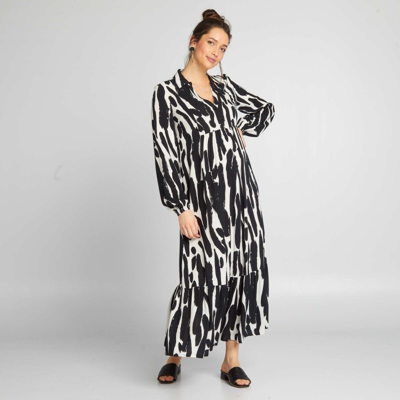 Robe de maternité longue à volants - Noir/blanc