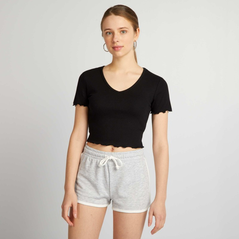 Crop-top à bords ondulés - Noir