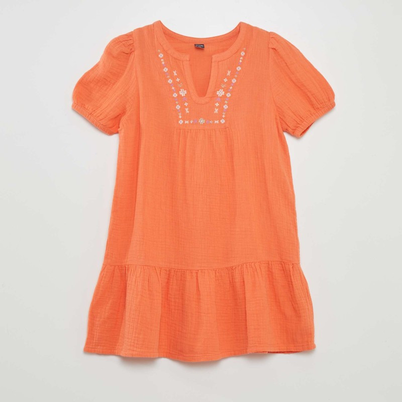 Robe en gaze de coton à manches ballons - Orange