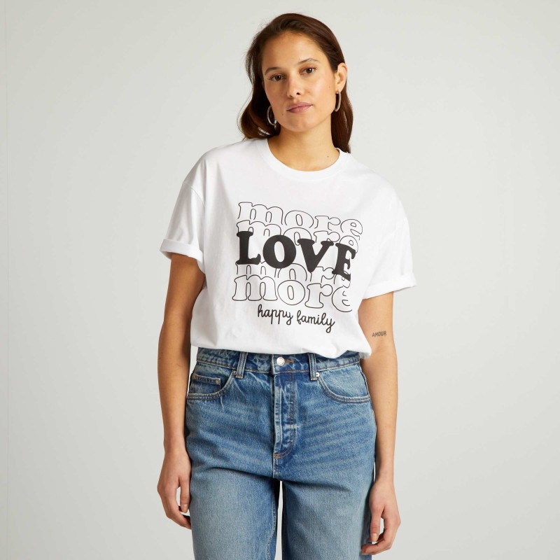 T-shirt en coton à col rond - Blanc 'more love'