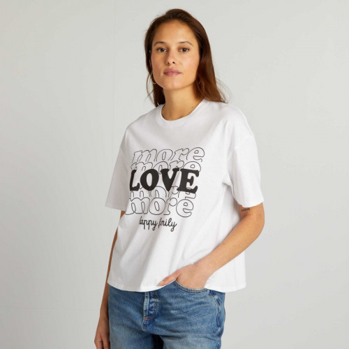 T-shirt en coton à col rond - Blanc 'more love'