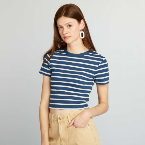 Tee-shirt crop top marinière - Bleu/blanc