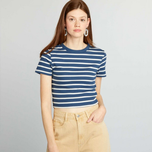 Tee-shirt crop top marinière - Bleu/blanc