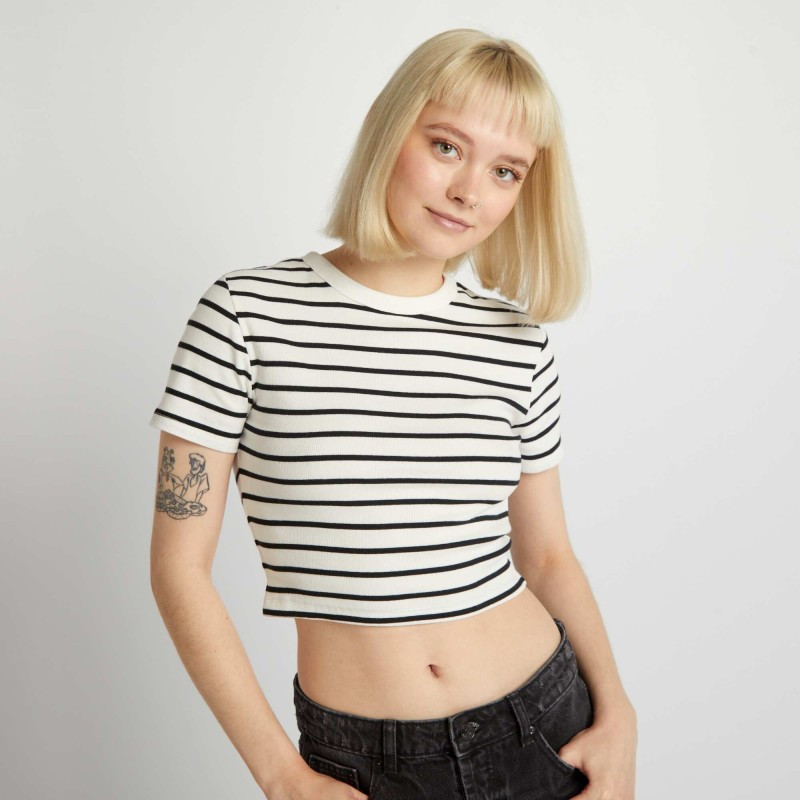 Tee-shirt crop top marinière - Blanc/noir