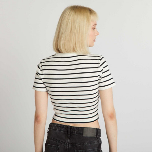 Tee-shirt crop top marinière - Blanc/noir