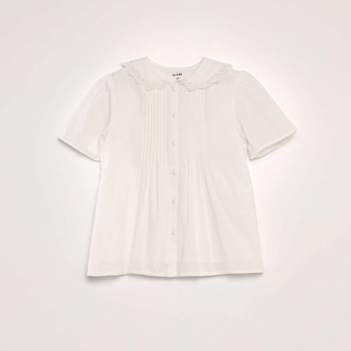 Blouse col claudine en tissu texturé - Blanc