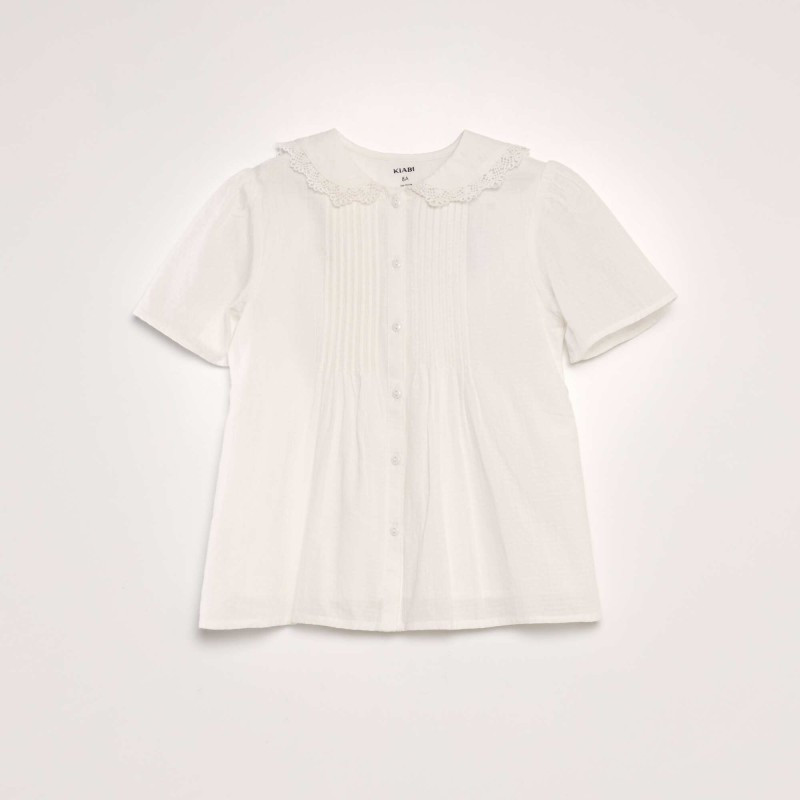 Blouse col claudine en tissu texturé - Blanc