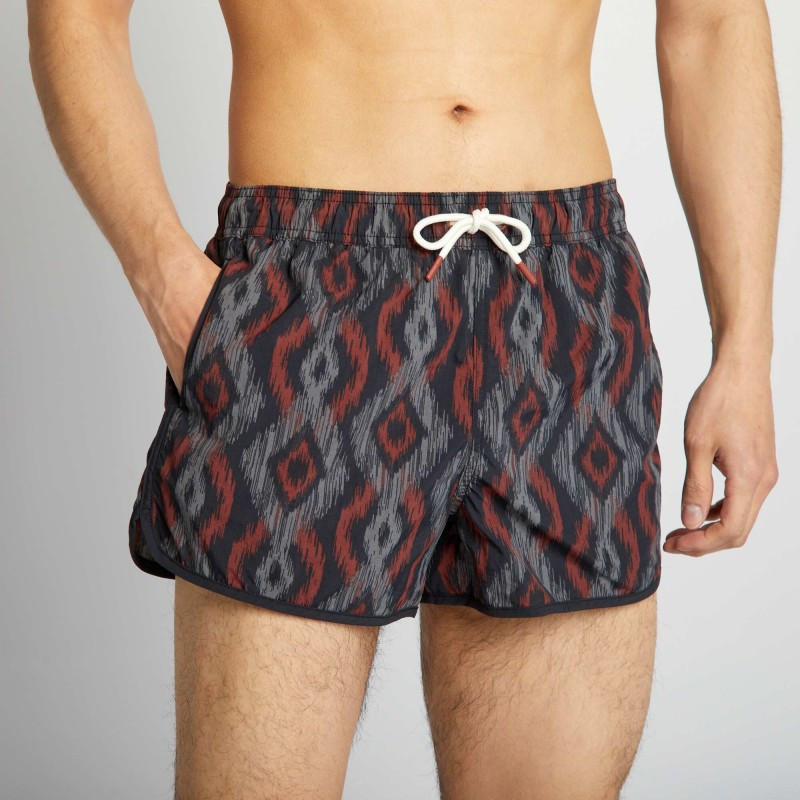 Short de bain court - Gris/rouge