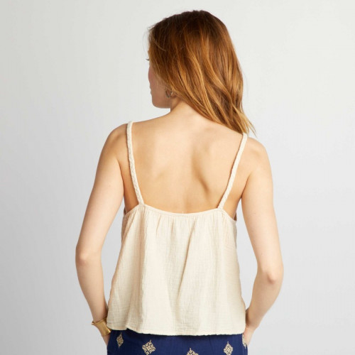 Top en gaze de coton à bretelles tressées - Beige