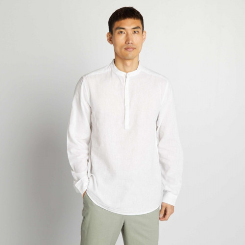 Chemise droite à col mao en lin mélangé - Blanc