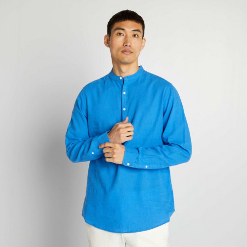 Chemise droite à col mao en lin mélangé - Bleu