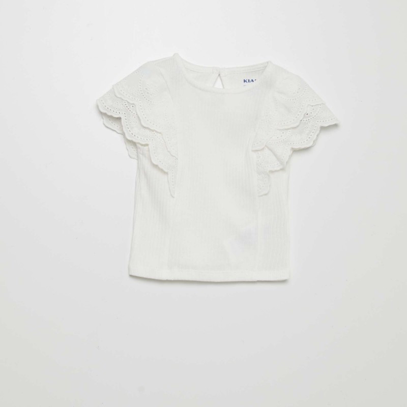 T-shirt côtelé avec broderies anglaises - Blanc