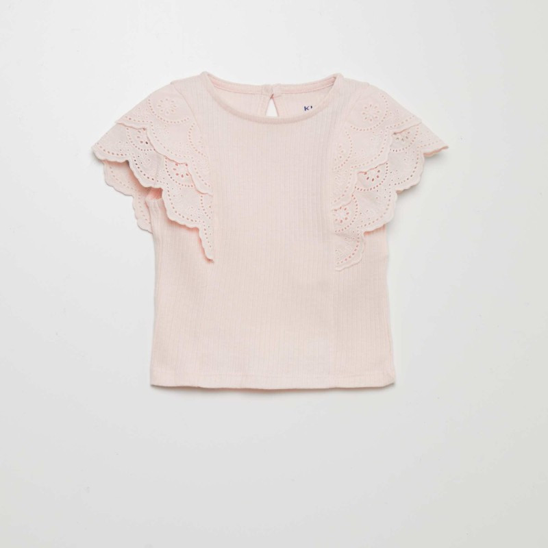 T-shirt côtelé avec broderies anglaises - Rose