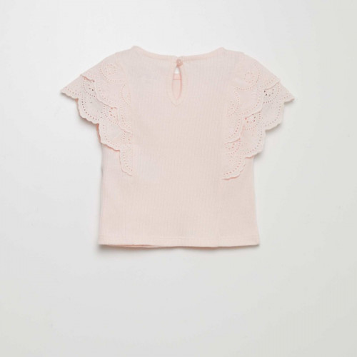 T-shirt côtelé avec broderies anglaises - Rose