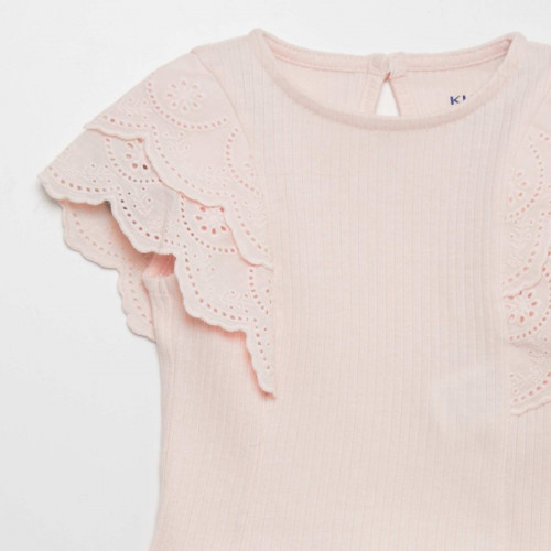 T-shirt côtelé avec broderies anglaises - Rose