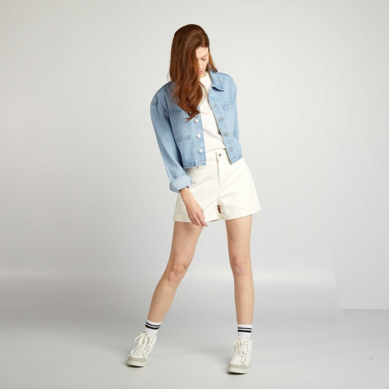 Short en denim taille haute - Blanc