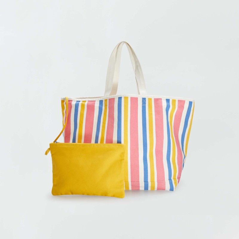 Sac cabas de plage + pochette - Rose/jaune/bleu