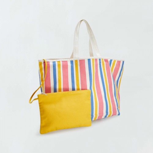 Sac cabas de plage + pochette - Rose/jaune/bleu