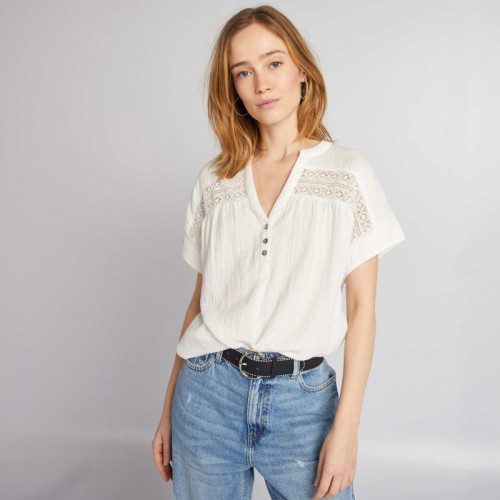 Blouse à manches courtes en gaze de coton - Blanc