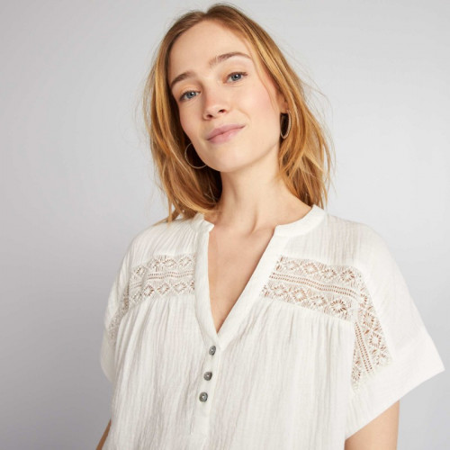 Blouse à manches courtes en gaze de coton - Blanc